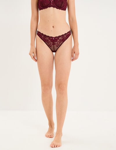 Tanga en dentelle prune femme