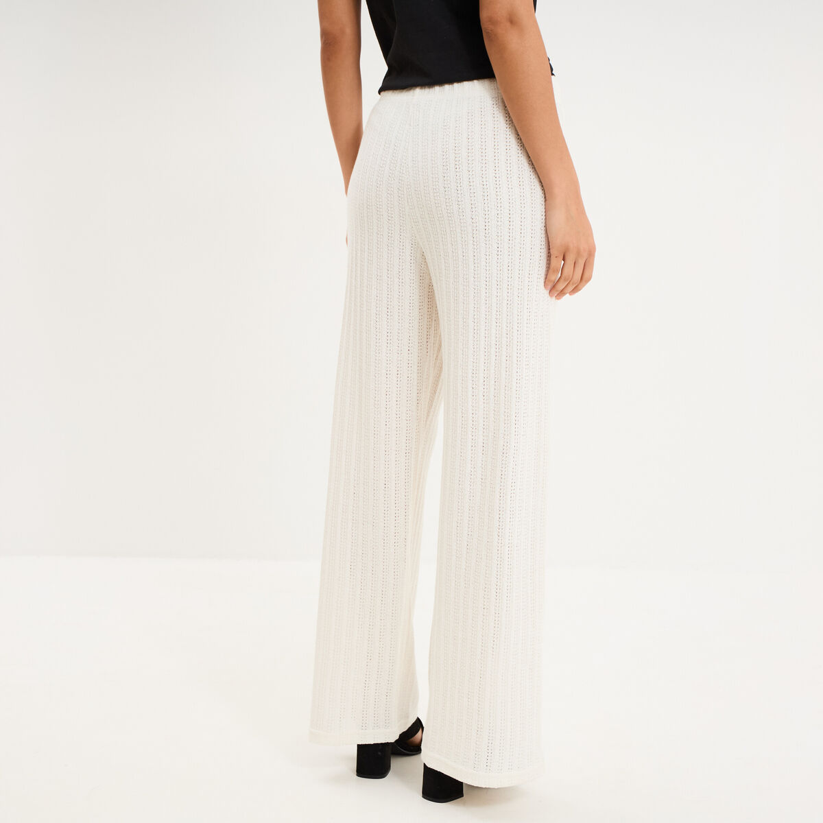 Pantalon large effet crochet &eacute;lastiqu&eacute; ecru femme