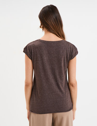 T-shirt col v poche poitrine marron fonc&eacute; femme