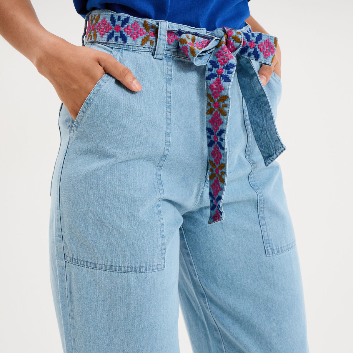 Jean mom cropped taille haute &agrave; ceinture denim triple stone femme