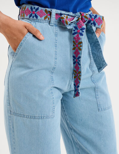 Jean mom cropped taille haute &agrave; ceinture denim triple stone femme