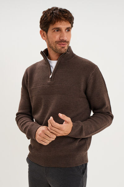 Pull col camionneur manches longues marron chocolat homme