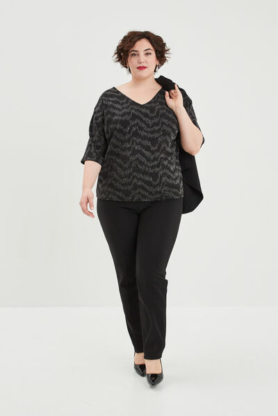 T-shirt fils métallisés et ouvertures noir femme grande taille