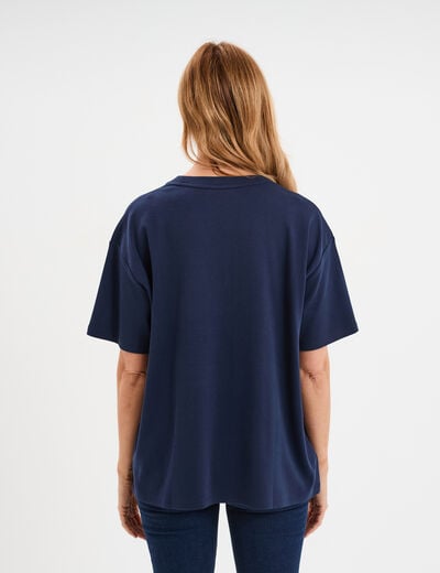 T-shirt col rond manches courtes coton bleu marine femme