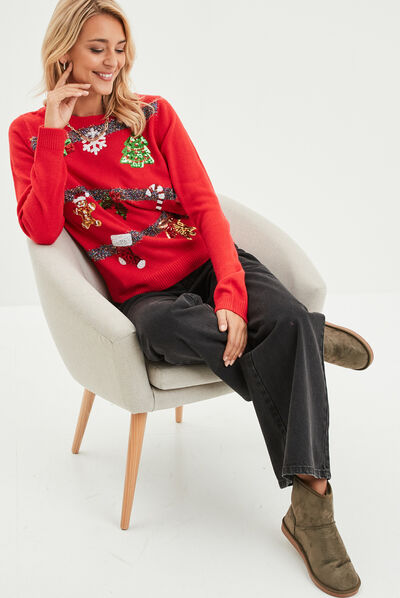Pull de Noël guirlande et sequins rouge femme