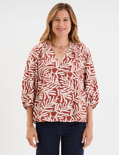 Blouse manches 3/4 ballons col tunisien terracotta femme