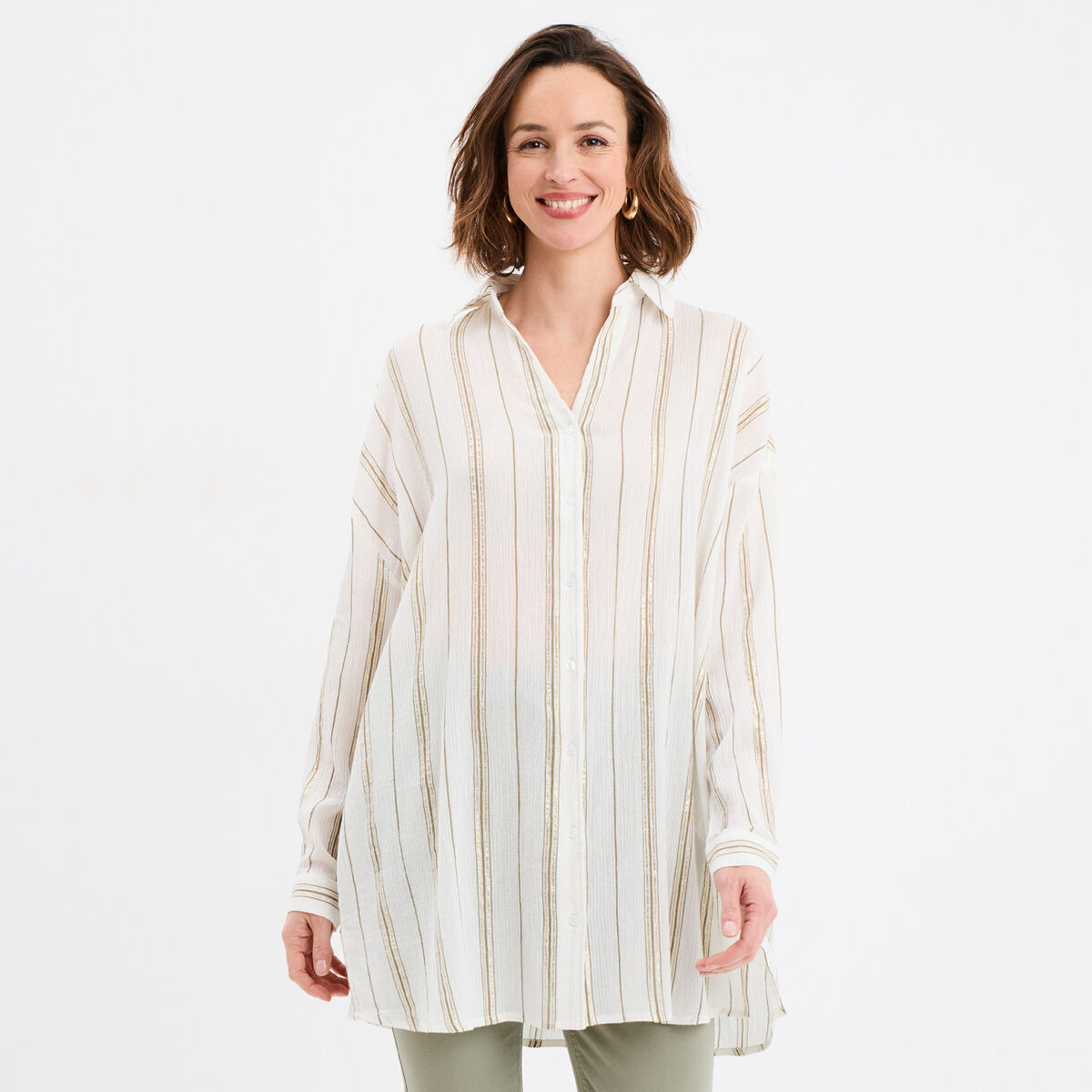 Chemise longue droite coton ecru femme