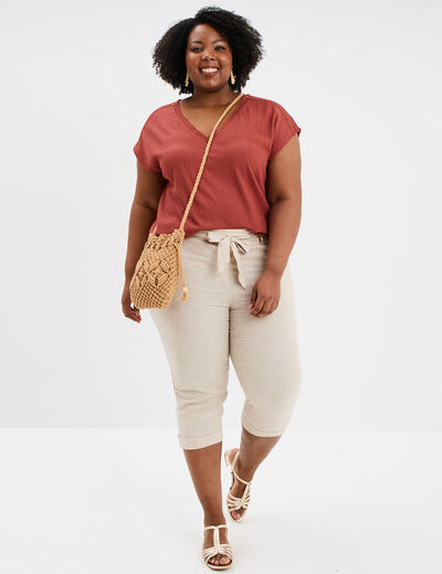 Pantacourt chino lin mélangé beige femme grande taille