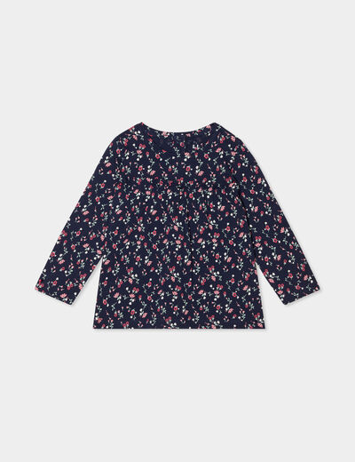 T-shirt manches longues col rond coton bleu marine bébé fille