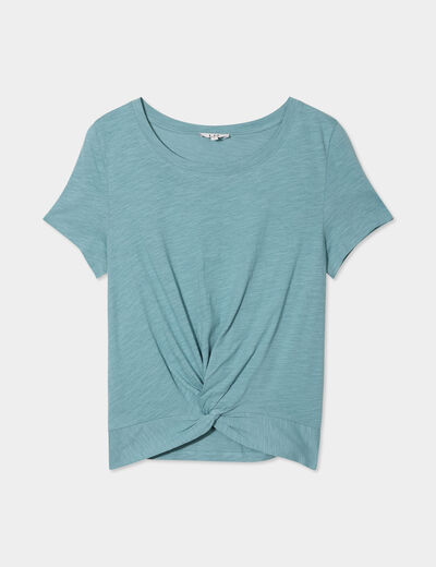 T-shirt taille effet noué coton bleu gris femme