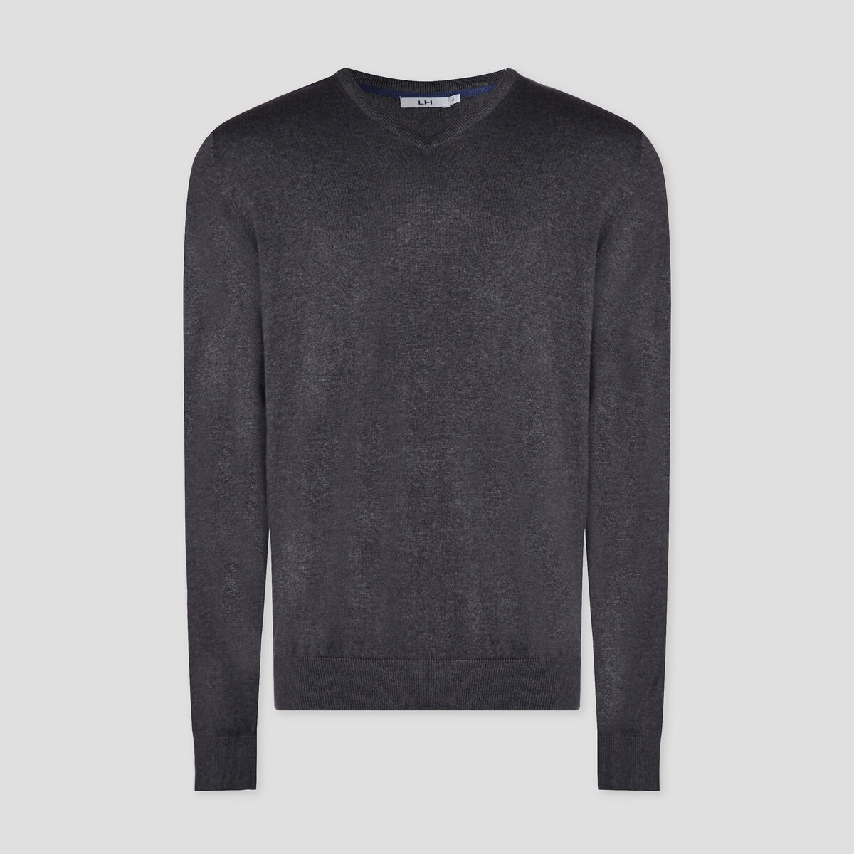 Pull jersey col V m&eacute;lange coton gris fonc&eacute; homme