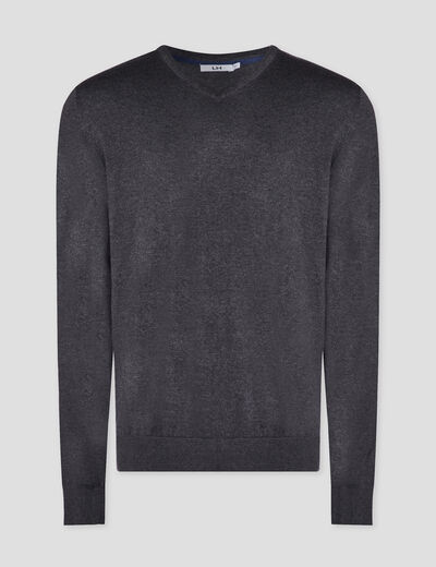 Pull jersey col V m&eacute;lange coton gris fonc&eacute; homme