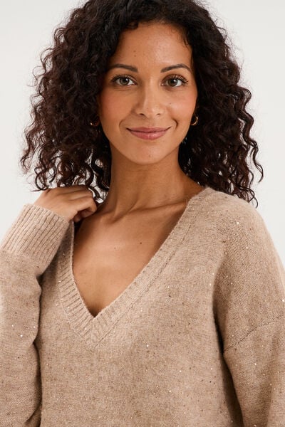 Pull droit &agrave; sequins et col en V beige femme