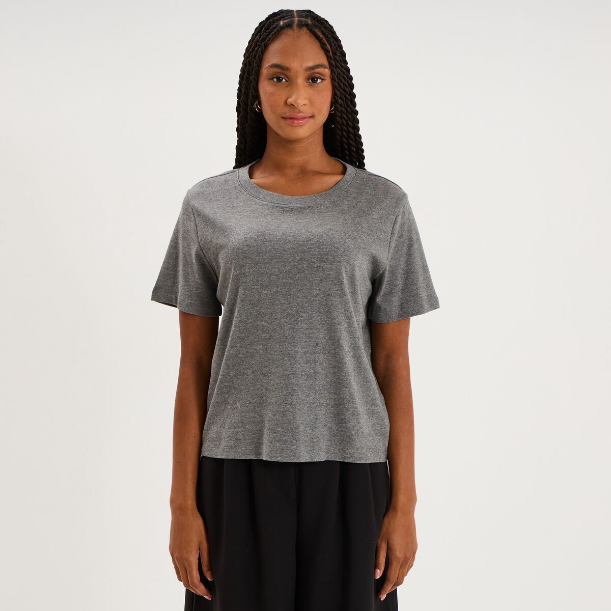T-shirt col rond manches courtes coton gris femme