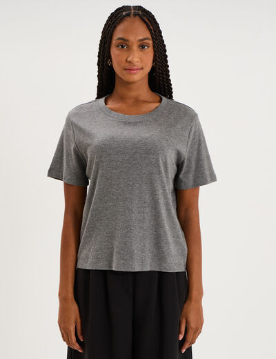 T-shirt col rond manches courtes coton gris femme