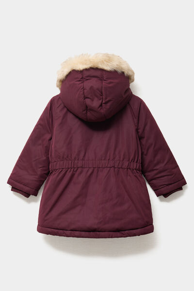 Manteau &agrave; capuche fausse fourrure bordeaux b&eacute;b&eacute; fille