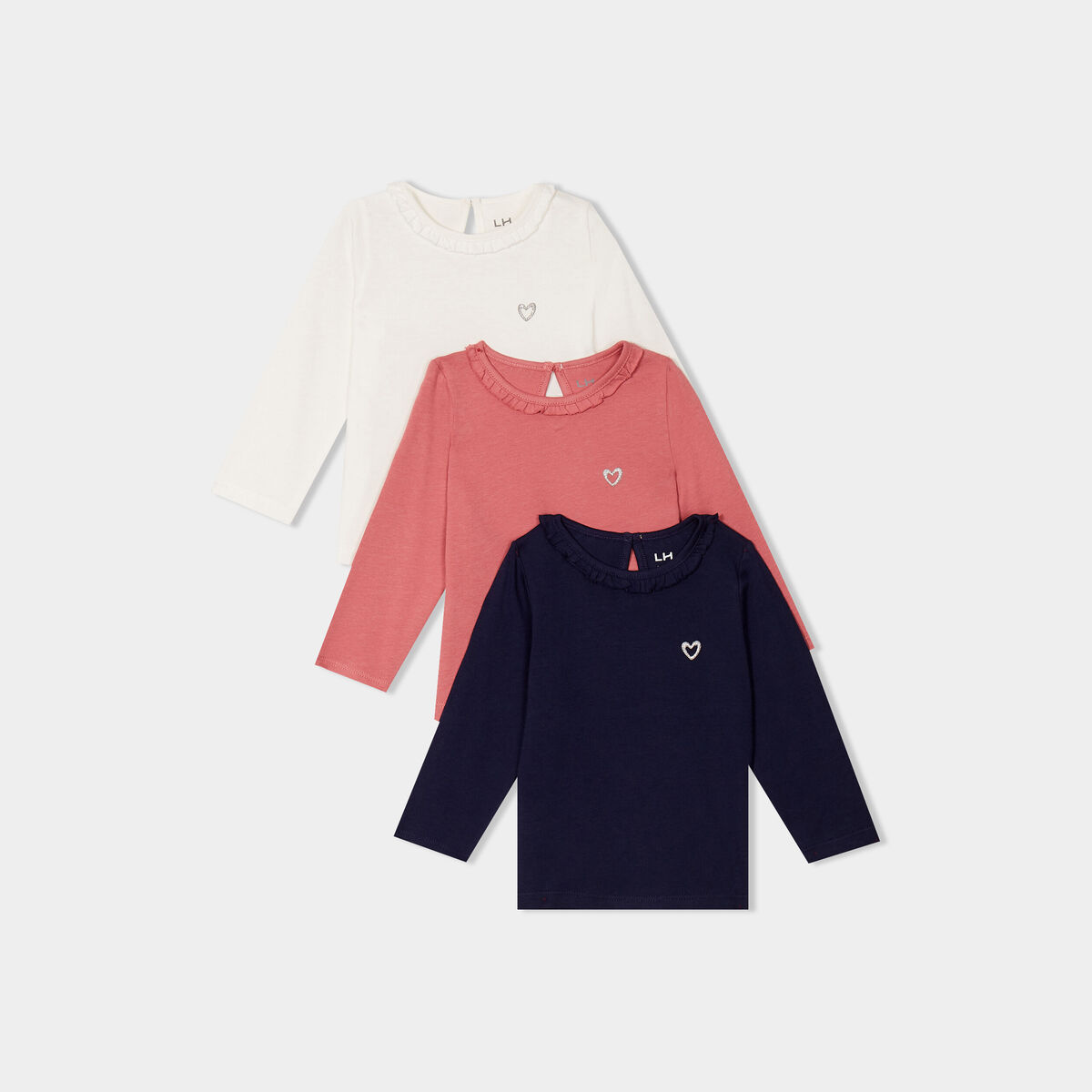 Lot 3 t-shirts col rond &agrave; volants coton blanc b&eacute;b&eacute; fille
