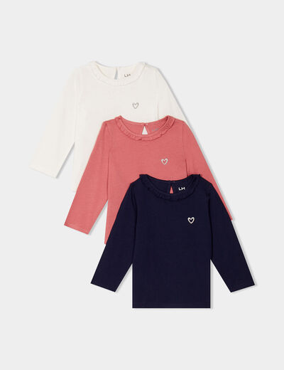 Lot 3 t-shirts col rond à volants coton blanc bébé fille