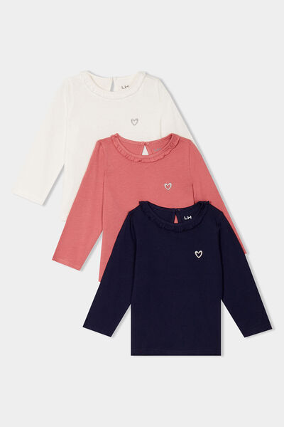 Lot 3 t-shirts col rond &agrave; volants coton blanc b&eacute;b&eacute; fille