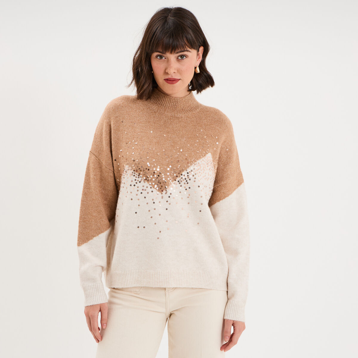 Pull col montant &agrave; sequins oversize beige femme