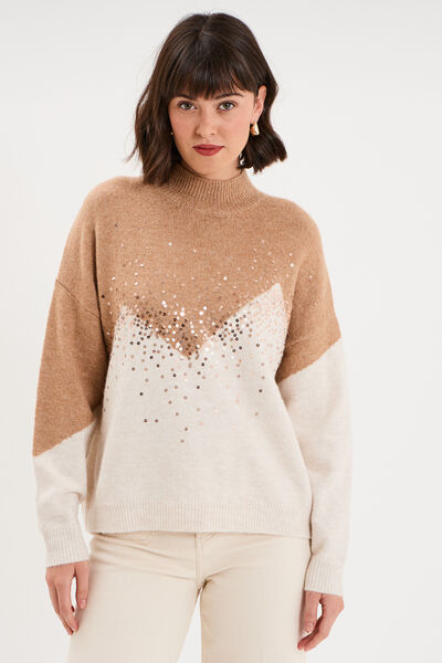 Pull col montant &agrave; sequins oversize beige femme
