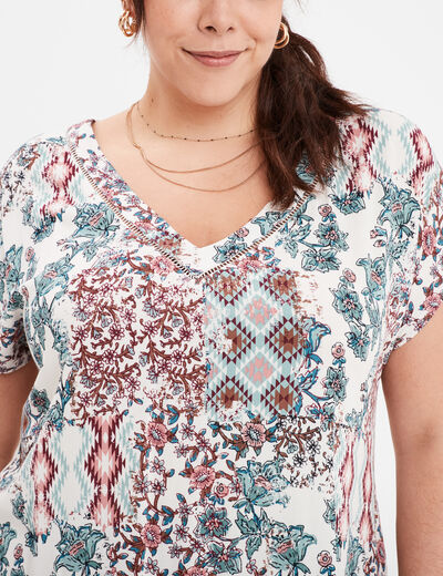 T-shirt col en V manches courtes ecru femme grande taille