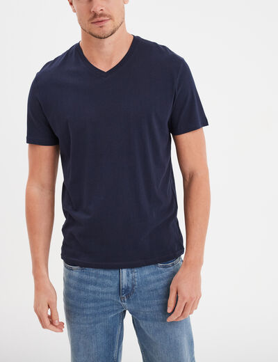T-shirt manches courtes coton col V bleu marine homme