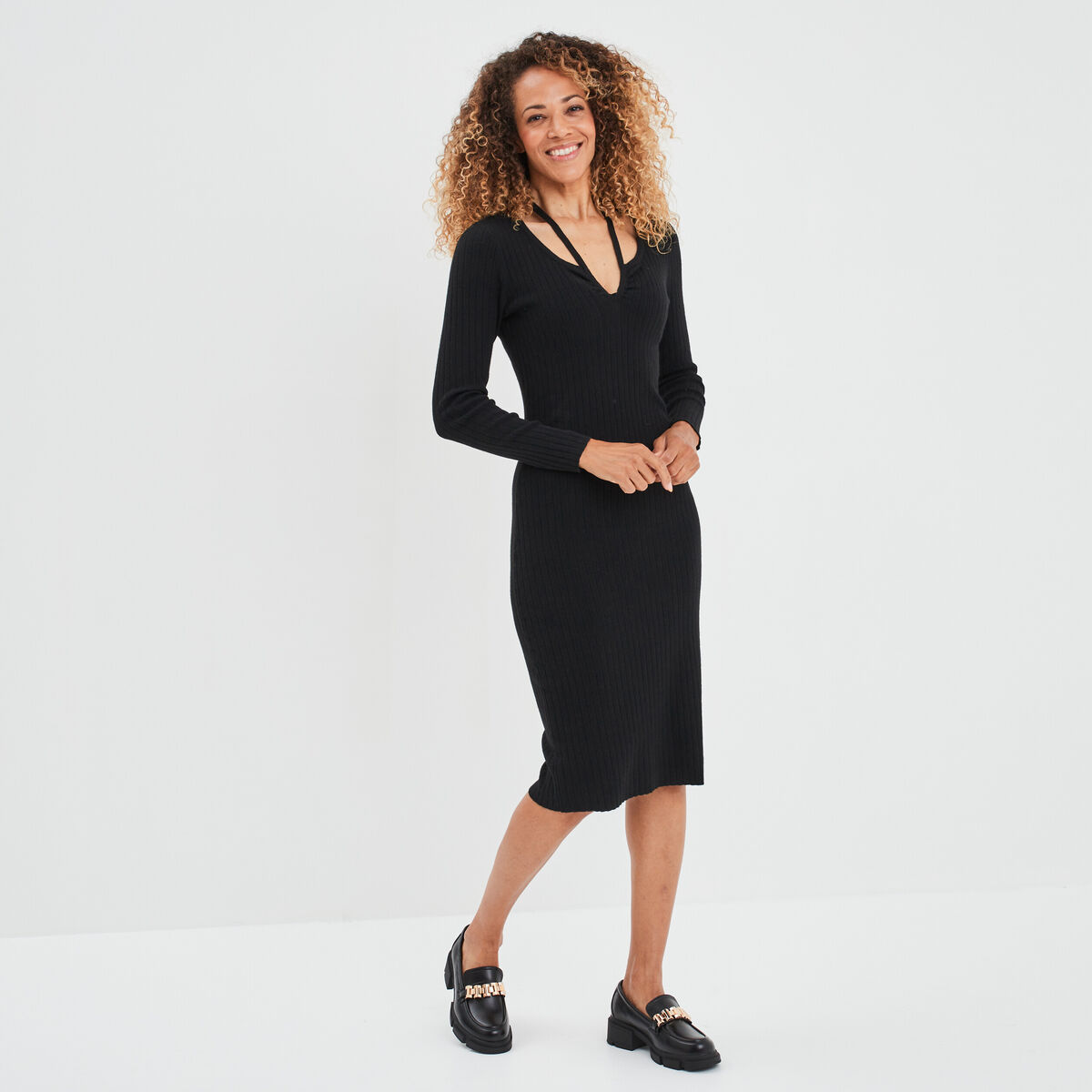 Robe pull moulante à bretelles nouées noir femme