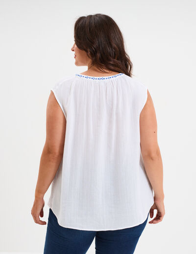 Blouse brodée col tunisien coton blanc femme grande taille