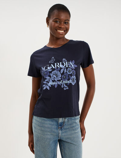 T-shirt ajust&eacute; manches courtes coton bleu marine femme