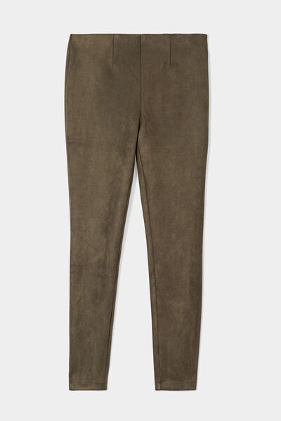 Pantalon suédine slim taille élastiquée vert kaki femme