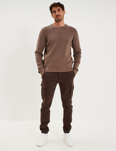 Pull en maille textur&eacute;e col rond gris fonc&eacute; homme