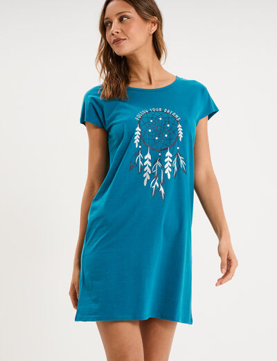 Chemise de nuit courte col rond bleu canard femme