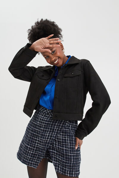 Veste suédine ajustée boutonnée noir femme