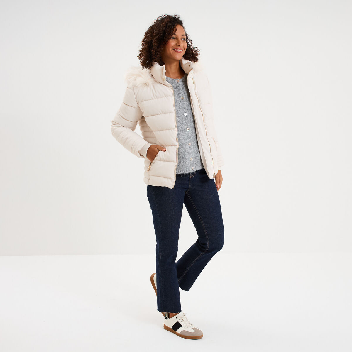 Doudoune simili cuir &agrave; capuche sable femme