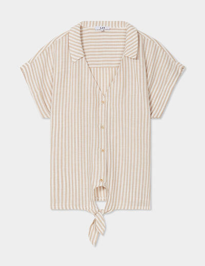 Blouse nouée ajustée manches courtes beige femme
