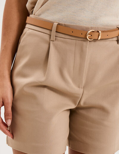 Short chino large taille haute ceintur&eacute; marron femme