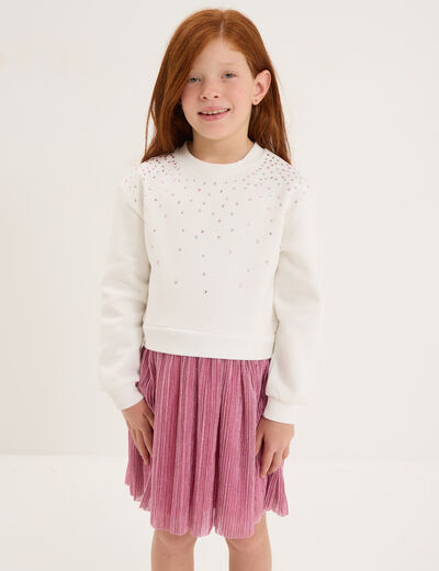 Robe sweat à strass avec tulle ivoire fille