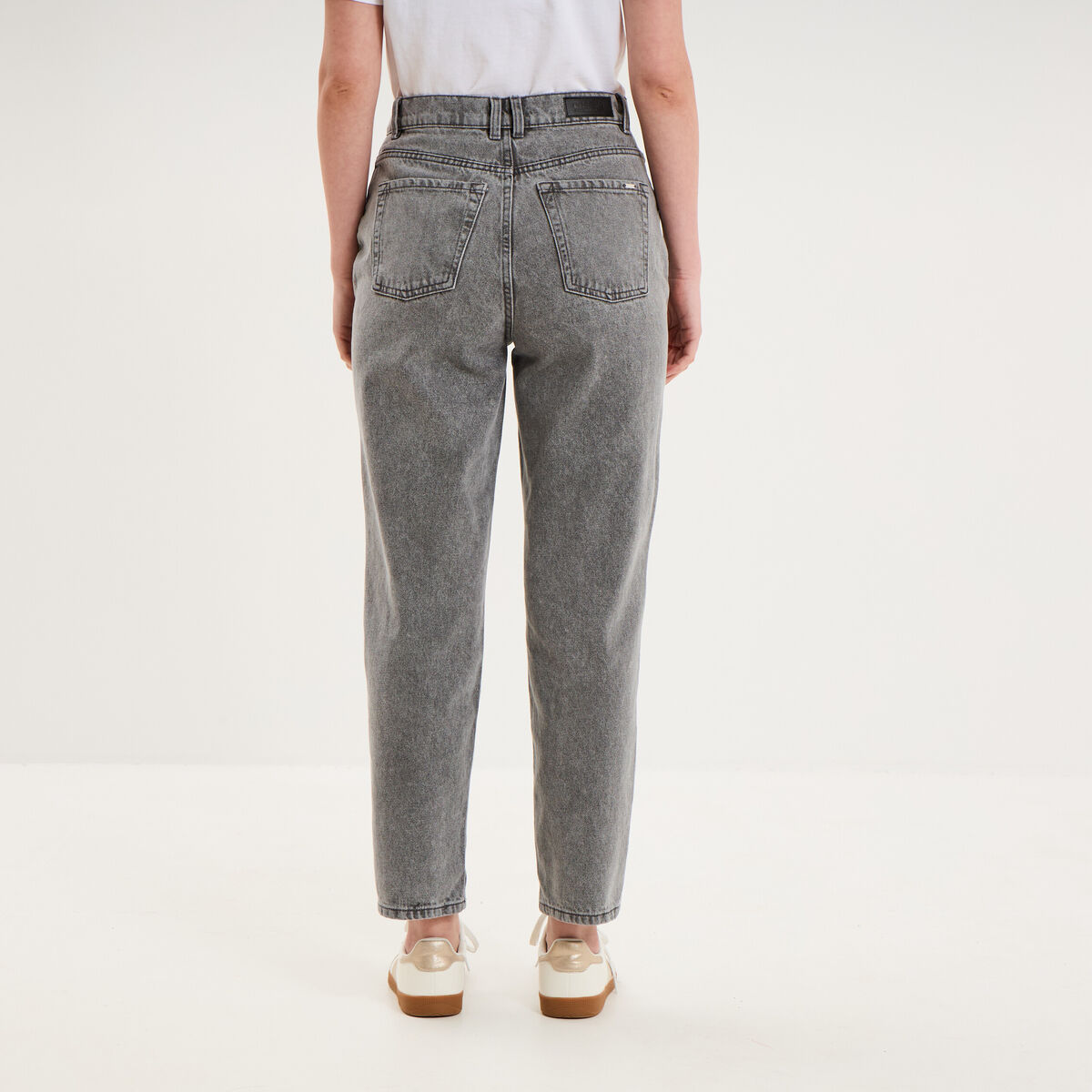Jeans mom cropped taille haute denim gris clair femme