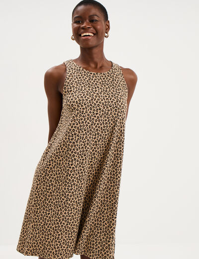 Robe courte sans manches col rond beige femme