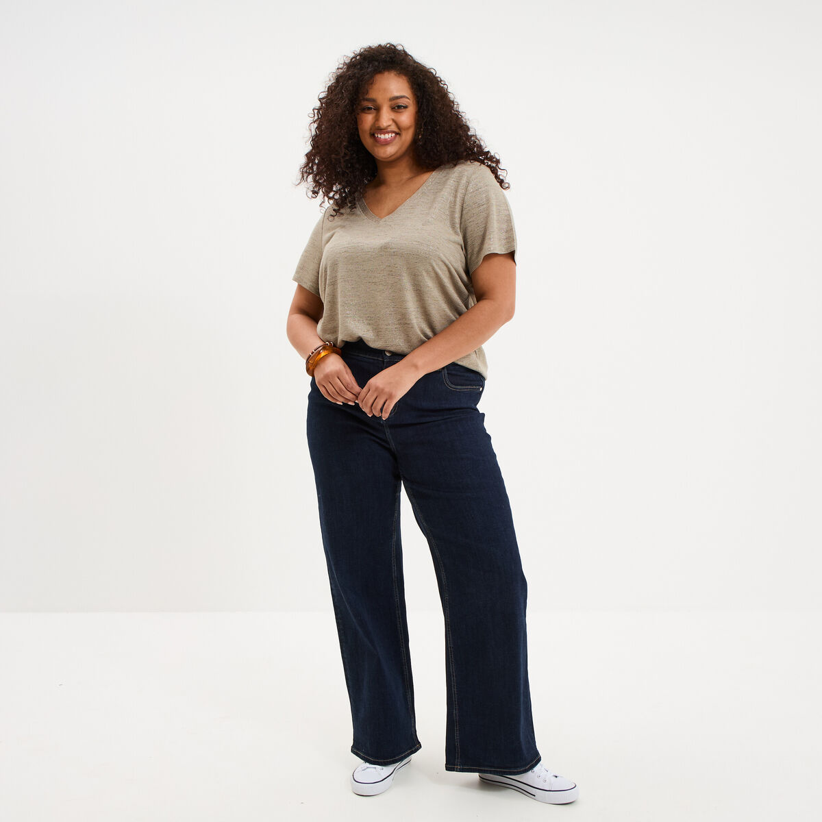 T-shirt col en V manches courtes vert kaki femme grande taille