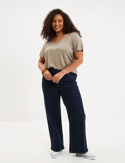 T-shirt col en V manches courtes vert kaki femme grande taille