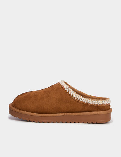 Mules fourr&eacute;es d&eacute;tails brod&eacute;s marron femme