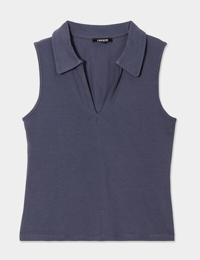T-shirt coton sans manches col polo bleu gris femme