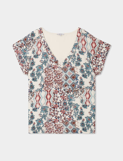 T-shirt col en V manches courtes ecru femme grande taille