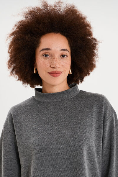 Top oversize col montant manches 3/4 gris fonc&eacute; femme