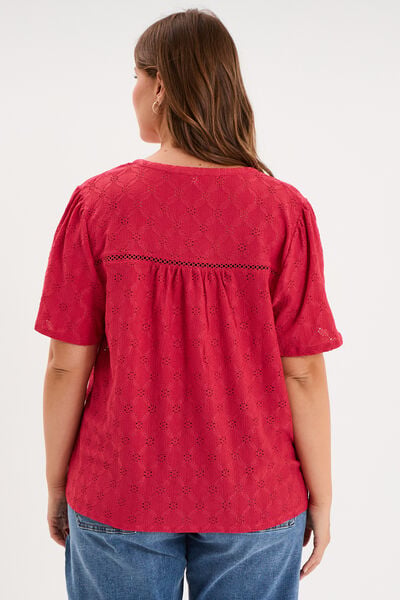 Blouse manches courtes broderie anglaise rose cerise femme grande taille