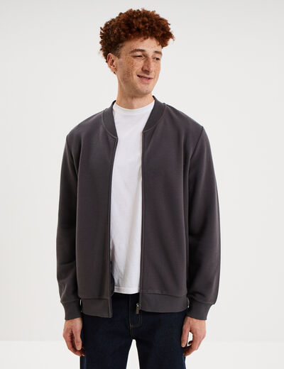 Gilet reli&eacute;f&eacute; manches longues zipp&eacute; gris fonc&eacute; homme