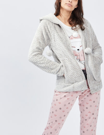 Veste de pyjama effet velours &agrave; capuche gris femme