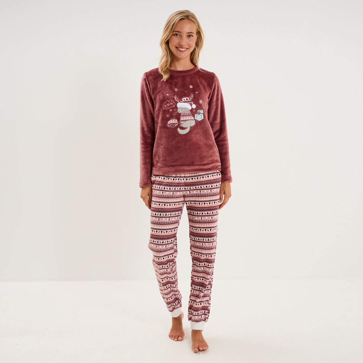 Ensemble pyjama pantalon effet velours rose framboise femme